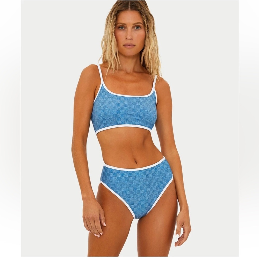 Beach Riot Blue Check Scoop Crop Bikini with White Trim